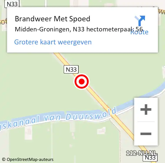 Locatie op kaart van de 112 melding: Brandweer Met Spoed Naar Midden-Groningen, N33 hectometerpaal: 56 op 28 november 2023 23:46