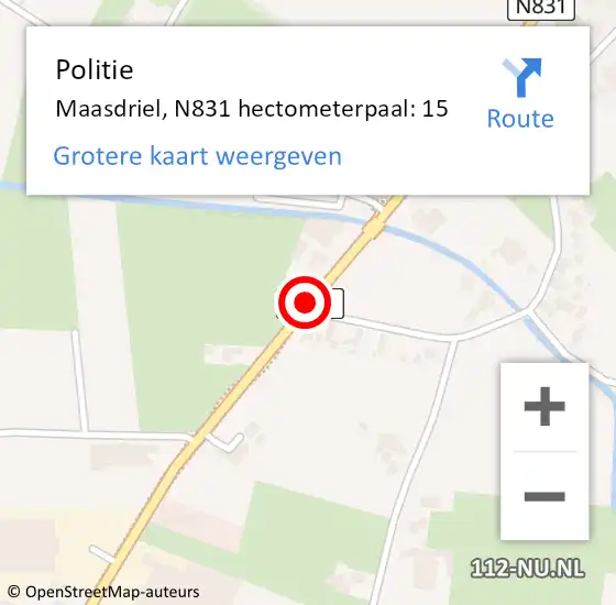 Locatie op kaart van de 112 melding: Politie Maasdriel, N831 hectometerpaal: 15 op 29 november 2023 17:19