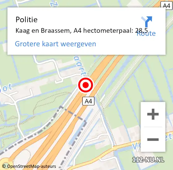 Locatie op kaart van de 112 melding: Politie Kaag en Braassem, A4 hectometerpaal: 28,5 op 29 november 2023 18:19