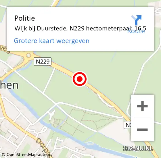 Locatie op kaart van de 112 melding: Politie Wijk bij Duurstede, N229 hectometerpaal: 16,5 op 29 november 2023 19:40