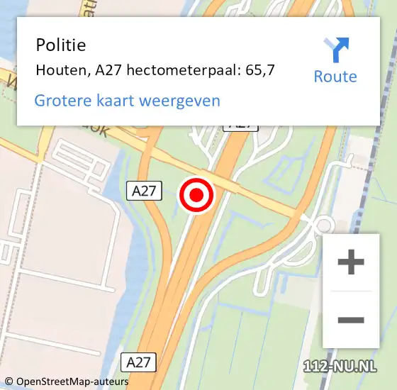 Locatie op kaart van de 112 melding: Politie Houten, A27 hectometerpaal: 65,7 op 30 november 2023 07:30