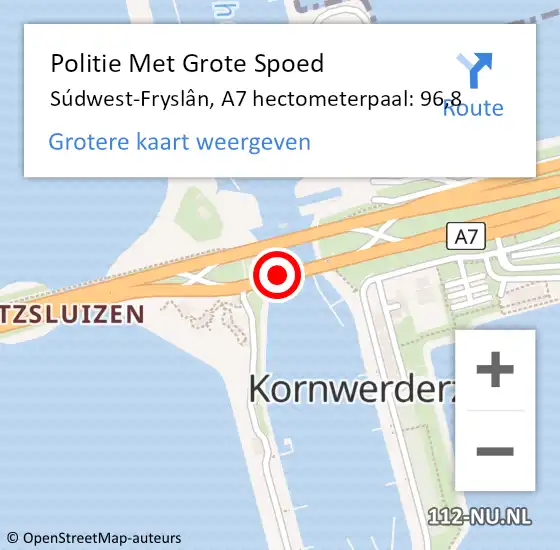 Locatie op kaart van de 112 melding: Politie Met Grote Spoed Naar Súdwest-Fryslân, A7 hectometerpaal: 96,8 op 30 november 2023 08:27