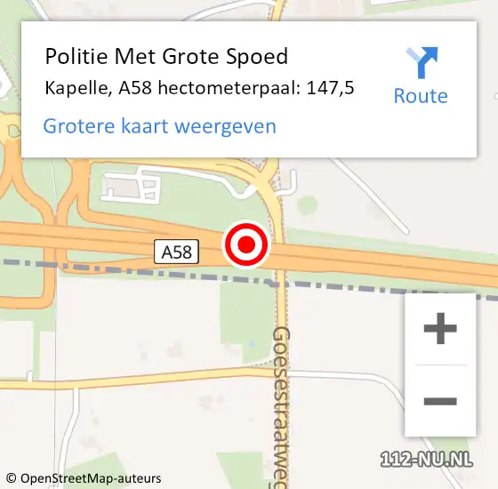 Locatie op kaart van de 112 melding: Politie Met Grote Spoed Naar Kapelle, A58 hectometerpaal: 147,5 op 30 november 2023 08:29