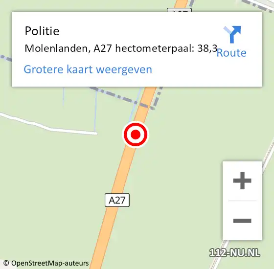 Locatie op kaart van de 112 melding: Politie Molenlanden, A27 hectometerpaal: 38,3 op 30 november 2023 09:34