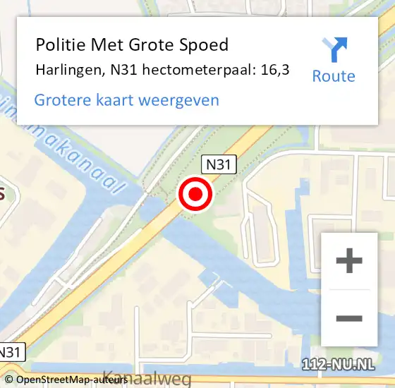 Locatie op kaart van de 112 melding: Politie Met Grote Spoed Naar Harlingen, N31 hectometerpaal: 16,3 op 30 november 2023 11:11
