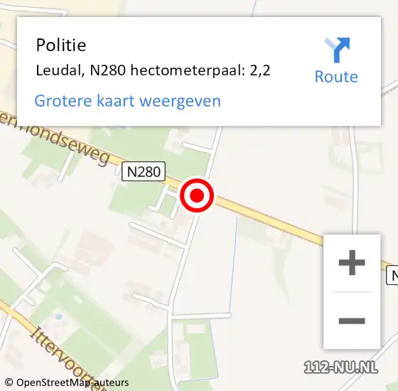 Locatie op kaart van de 112 melding: Politie Leudal, N280 hectometerpaal: 2,2 op 30 november 2023 14:08