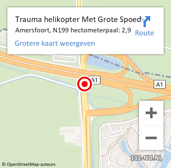 Locatie op kaart van de 112 melding: Trauma helikopter Met Grote Spoed Naar Amersfoort, N199 hectometerpaal: 2,9 op 30 november 2023 17:31