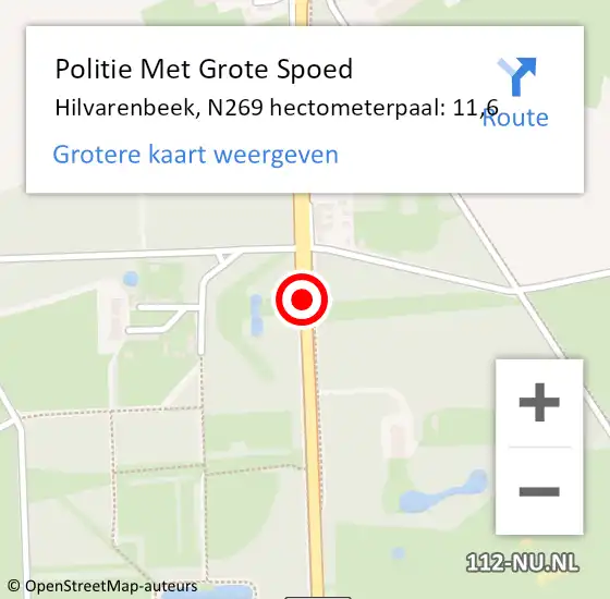Locatie op kaart van de 112 melding: Politie Met Grote Spoed Naar Hilvarenbeek, N269 hectometerpaal: 11,6 op 1 december 2023 08:32