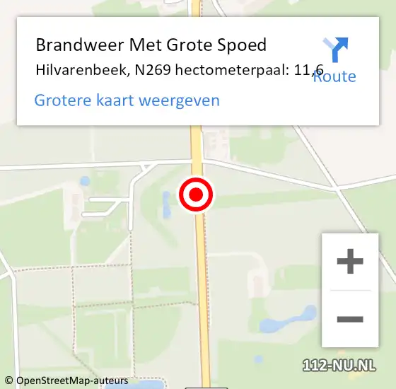 Locatie op kaart van de 112 melding: Brandweer Met Grote Spoed Naar Hilvarenbeek, N269 hectometerpaal: 11,6 op 1 december 2023 08:59