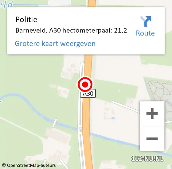 Locatie op kaart van de 112 melding: Politie Barneveld, A30 hectometerpaal: 21,2 op 1 december 2023 11:32
