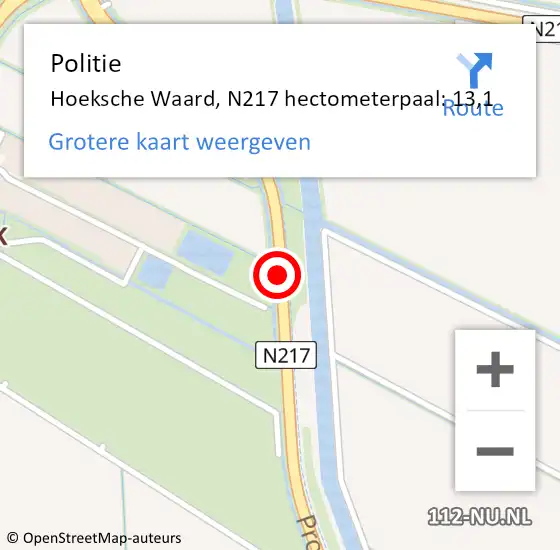 Locatie op kaart van de 112 melding: Politie Hoeksche Waard, N217 hectometerpaal: 13,1 op 1 december 2023 13:23