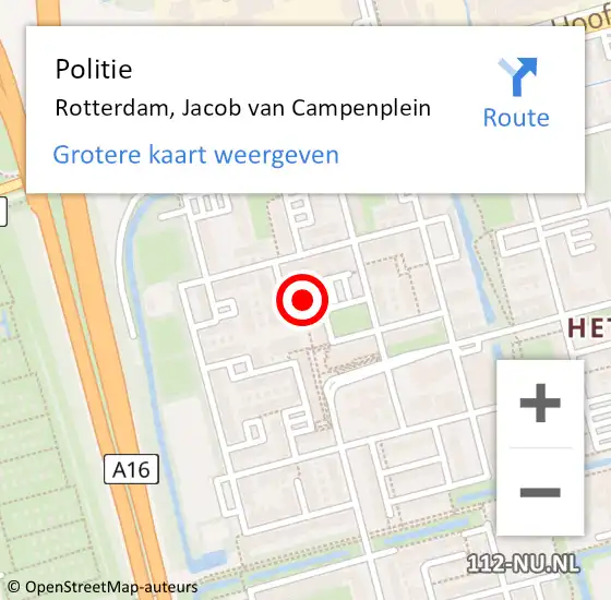 Locatie op kaart van de 112 melding: Politie Rotterdam, Jacob van Campenplein op 1 december 2023 15:06