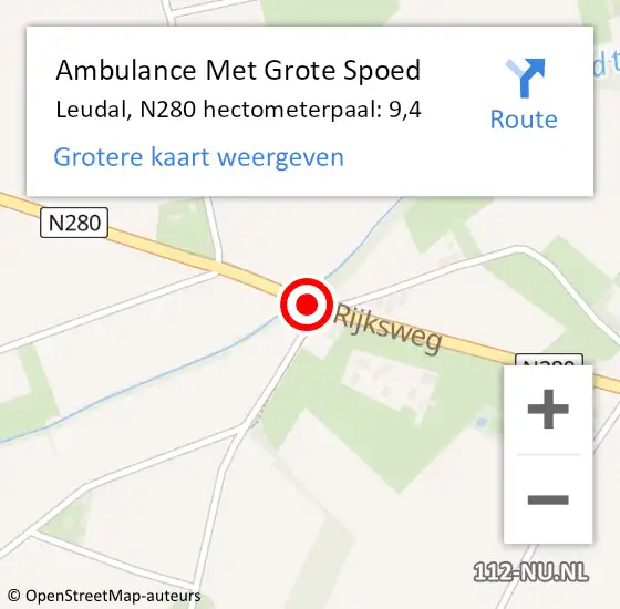 Locatie op kaart van de 112 melding: Ambulance Met Grote Spoed Naar Leudal, N280 hectometerpaal: 9,4 op 1 december 2023 18:26