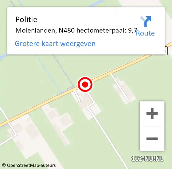 Locatie op kaart van de 112 melding: Politie Molenlanden, N480 hectometerpaal: 9,7 op 1 december 2023 21:12