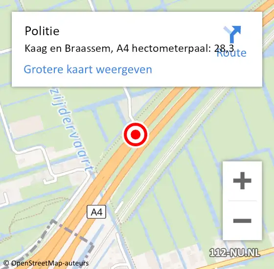 Locatie op kaart van de 112 melding: Politie Kaag en Braassem, A4 hectometerpaal: 28,3 op 2 december 2023 12:56