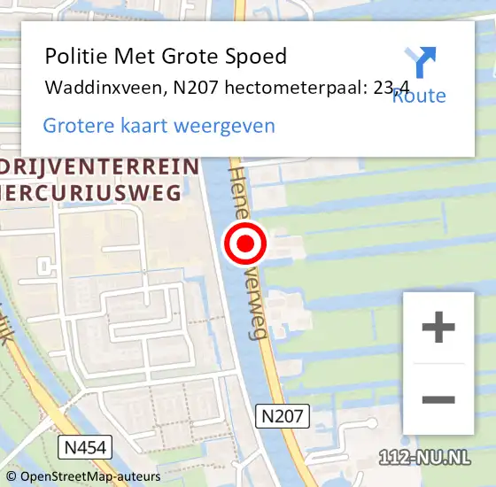 Locatie op kaart van de 112 melding: Politie Met Grote Spoed Naar Waddinxveen, N207 hectometerpaal: 23,4 op 2 december 2023 13:02