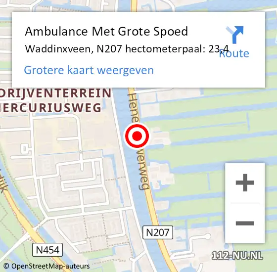 Locatie op kaart van de 112 melding: Ambulance Met Grote Spoed Naar Waddinxveen, N207 hectometerpaal: 23,4 op 2 december 2023 13:03