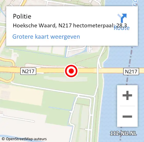 Locatie op kaart van de 112 melding: Politie Hoeksche Waard, N217 hectometerpaal: 28,3 op 2 december 2023 19:34