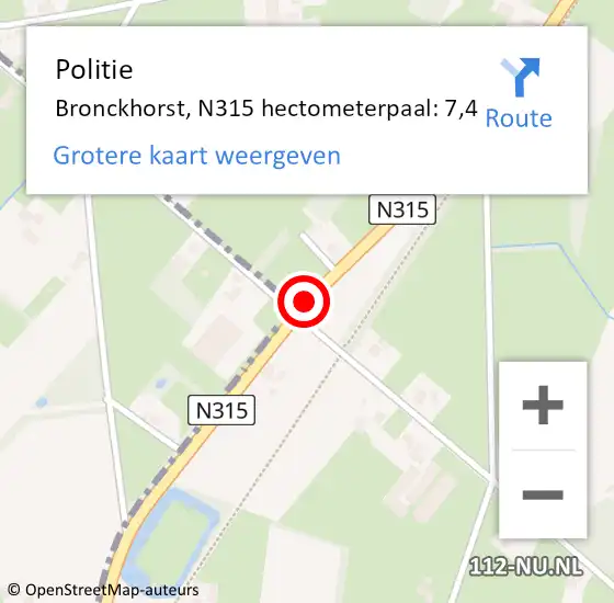 Locatie op kaart van de 112 melding: Politie Bronckhorst, N315 hectometerpaal: 7,4 op 2 december 2023 20:12