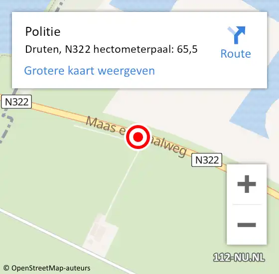 Locatie op kaart van de 112 melding: Politie Druten, N322 hectometerpaal: 65,5 op 2 december 2023 22:16