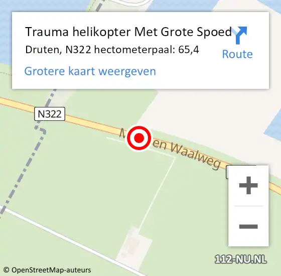 Locatie op kaart van de 112 melding: Trauma helikopter Met Grote Spoed Naar Druten, N322 hectometerpaal: 65,4 op 2 december 2023 22:22
