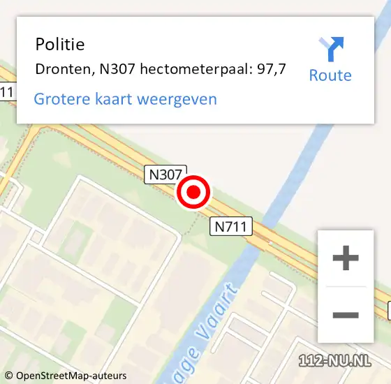 Locatie op kaart van de 112 melding: Politie Dronten, N307 hectometerpaal: 97,7 op 2 december 2023 23:00