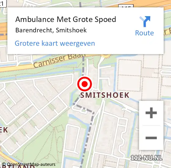 Locatie op kaart van de 112 melding: Ambulance Met Grote Spoed Naar Barendrecht, Smitshoek op 2 december 2023 23:32