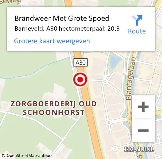 Locatie op kaart van de 112 melding: Brandweer Met Grote Spoed Naar Barneveld, A30 hectometerpaal: 20,3 op 3 december 2023 00:46