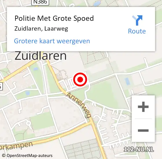 Locatie op kaart van de 112 melding: Politie Met Grote Spoed Naar Zuidlaren, Laarweg op 3 december 2023 01:09