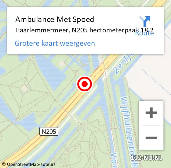 Locatie op kaart van de 112 melding: Ambulance Met Spoed Naar Haarlemmermeer, N205 hectometerpaal: 18,2 op 3 december 2023 08:04