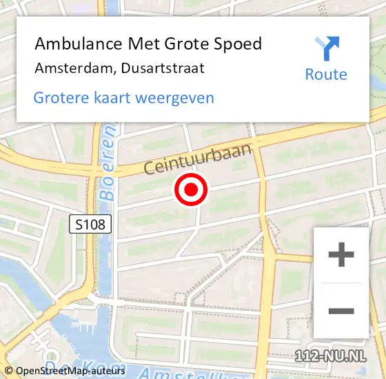 Locatie op kaart van de 112 melding: Ambulance Met Grote Spoed Naar Amsterdam, Dusartstraat op 4 december 2023 05:03