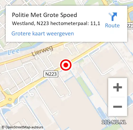Locatie op kaart van de 112 melding: Politie Met Grote Spoed Naar Westland, N223 hectometerpaal: 11,1 op 4 december 2023 07:47