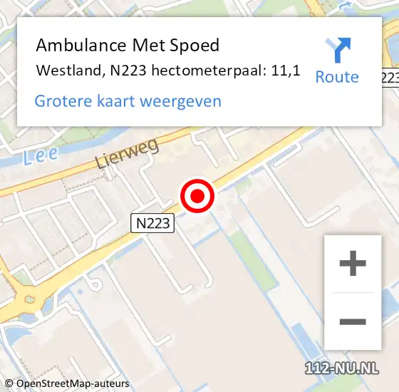 Locatie op kaart van de 112 melding: Ambulance Met Spoed Naar Westland, N223 hectometerpaal: 11,1 op 4 december 2023 07:50