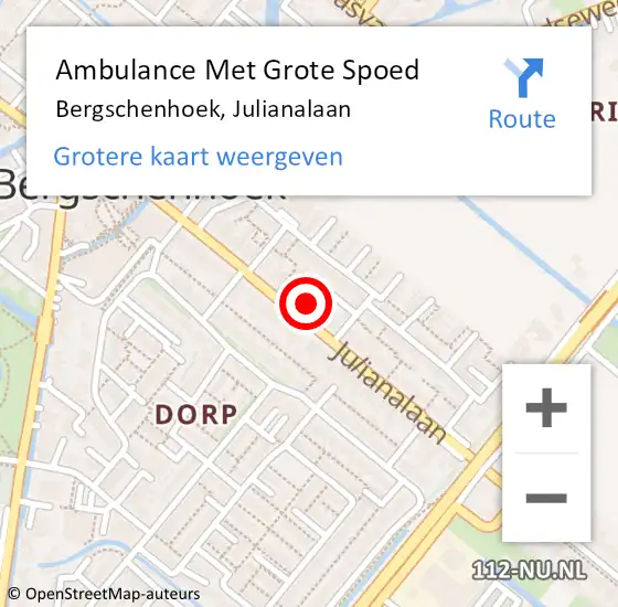 Locatie op kaart van de 112 melding: Ambulance Met Grote Spoed Naar Bergschenhoek, Julianalaan op 4 december 2023 10:14