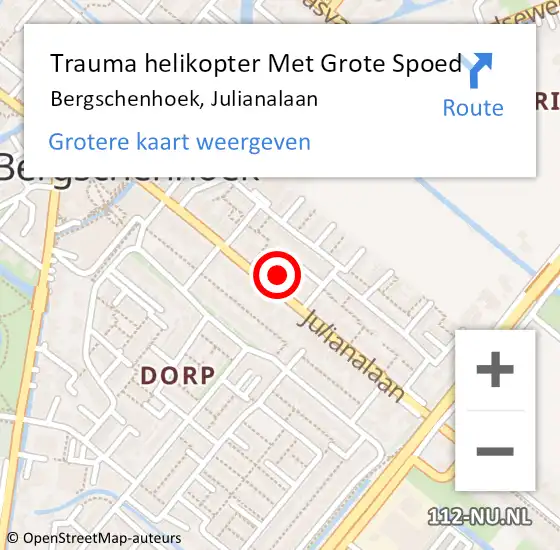 Locatie op kaart van de 112 melding: Trauma helikopter Met Grote Spoed Naar Bergschenhoek, Julianalaan op 4 december 2023 10:40