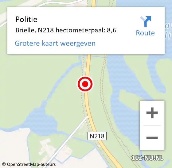 Locatie op kaart van de 112 melding: Politie Brielle, N218 hectometerpaal: 8,6 op 4 december 2023 14:10