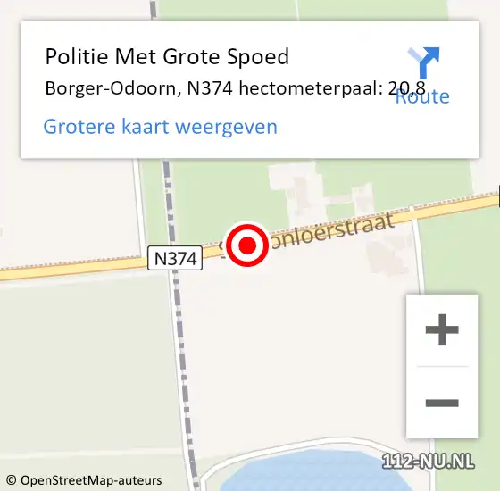 Locatie op kaart van de 112 melding: Politie Met Grote Spoed Naar Borger-Odoorn, N374 hectometerpaal: 20,8 op 4 december 2023 16:54