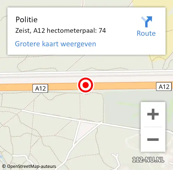 Locatie op kaart van de 112 melding: Politie Zeist, A12 hectometerpaal: 74 op 5 december 2023 06:48