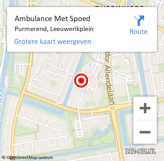 Locatie op kaart van de 112 melding: Ambulance Met Spoed Naar Purmerend, Leeuwerikplein op 5 december 2023 09:34