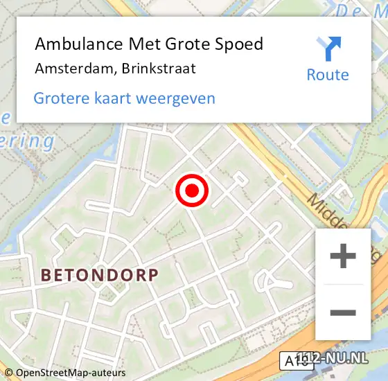 Locatie op kaart van de 112 melding: Ambulance Met Grote Spoed Naar Amsterdam, Brinkstraat op 5 december 2023 16:29