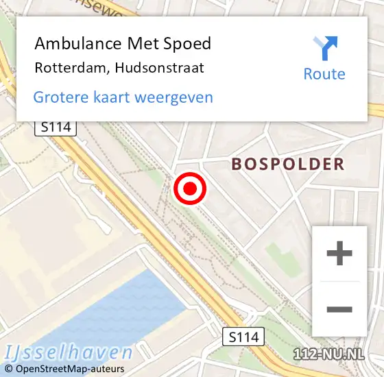 Locatie op kaart van de 112 melding: Ambulance Met Spoed Naar Rotterdam, Hudsonstraat op 5 december 2023 19:28