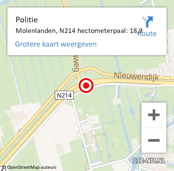 Locatie op kaart van de 112 melding: Politie Molenlanden, N214 hectometerpaal: 18,9 op 6 december 2023 05:44
