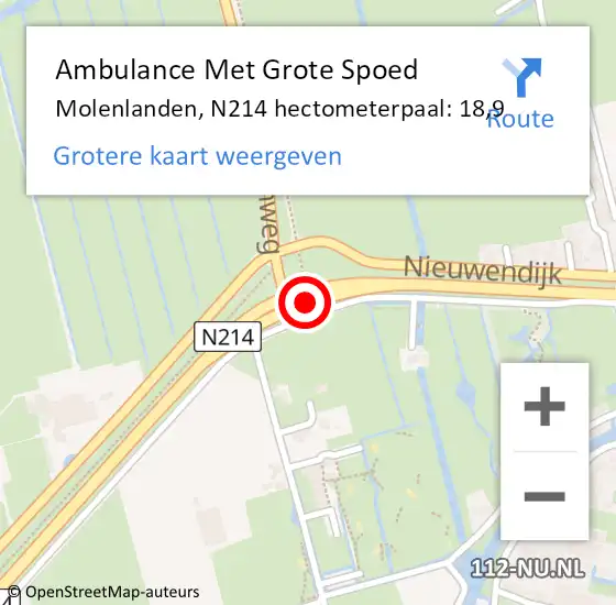 Locatie op kaart van de 112 melding: Ambulance Met Grote Spoed Naar Molenlanden, N214 hectometerpaal: 18,9 op 6 december 2023 05:44