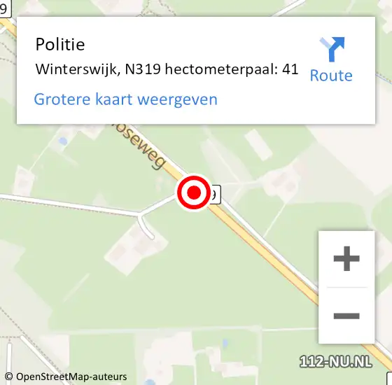 Locatie op kaart van de 112 melding: Politie Winterswijk, N319 hectometerpaal: 41 op 6 december 2023 15:12