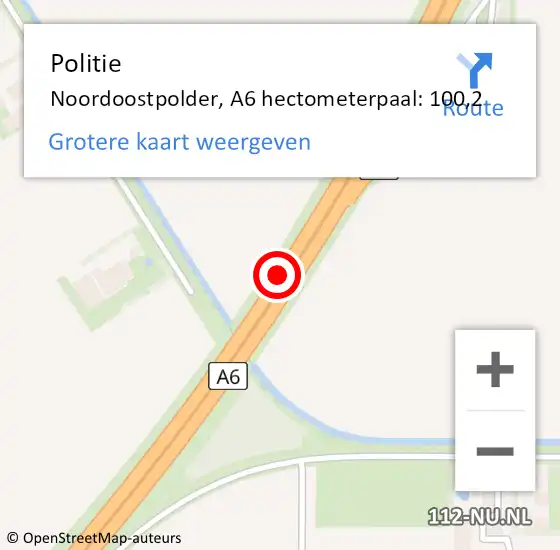 Locatie op kaart van de 112 melding: Politie Noordoostpolder, A6 hectometerpaal: 100,2 op 6 december 2023 17:04