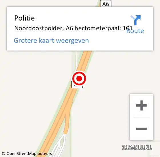 Locatie op kaart van de 112 melding: Politie Noordoostpolder, A6 hectometerpaal: 101 op 6 december 2023 17:04