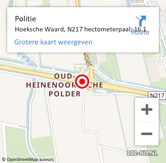 Locatie op kaart van de 112 melding: Politie Hoeksche Waard, N217 hectometerpaal: 16,1 op 6 december 2023 18:02