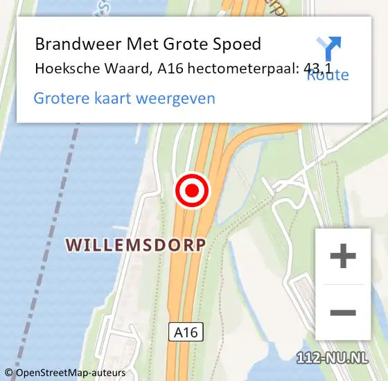 Locatie op kaart van de 112 melding: Brandweer Met Grote Spoed Naar Hoeksche Waard, A16 hectometerpaal: 43,1 op 6 december 2023 18:50