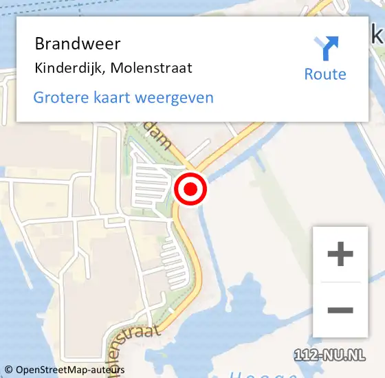 Locatie op kaart van de 112 melding: Brandweer Kinderdijk, Molenstraat op 6 december 2023 19:48