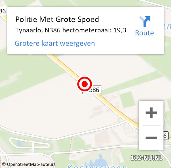 Locatie op kaart van de 112 melding: Politie Met Grote Spoed Naar Tynaarlo, N386 hectometerpaal: 19,3 op 7 december 2023 07:20